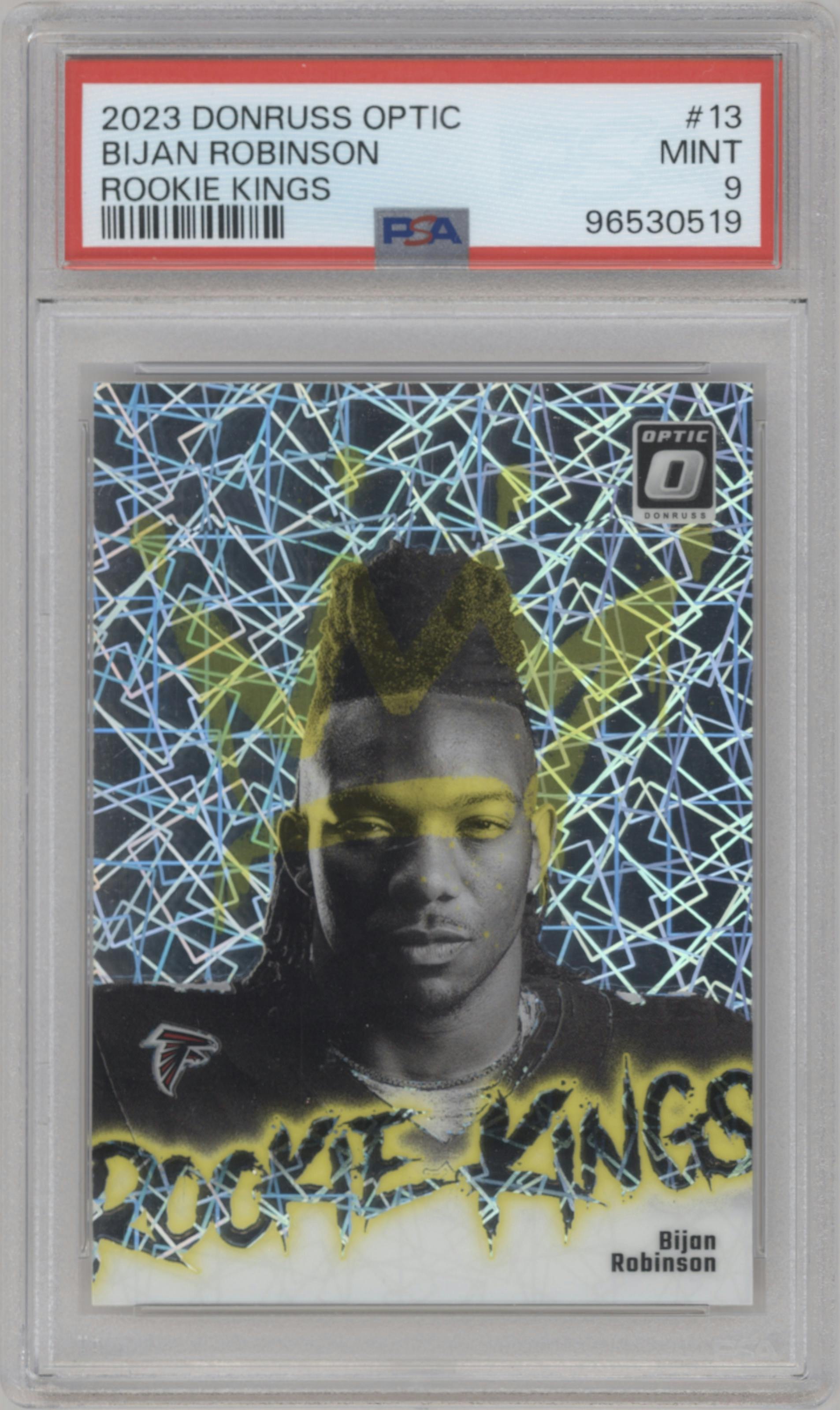 Bijan Robinson from the 2023 Donruss Optic set graded by PSA and given an overall grade of 9.
