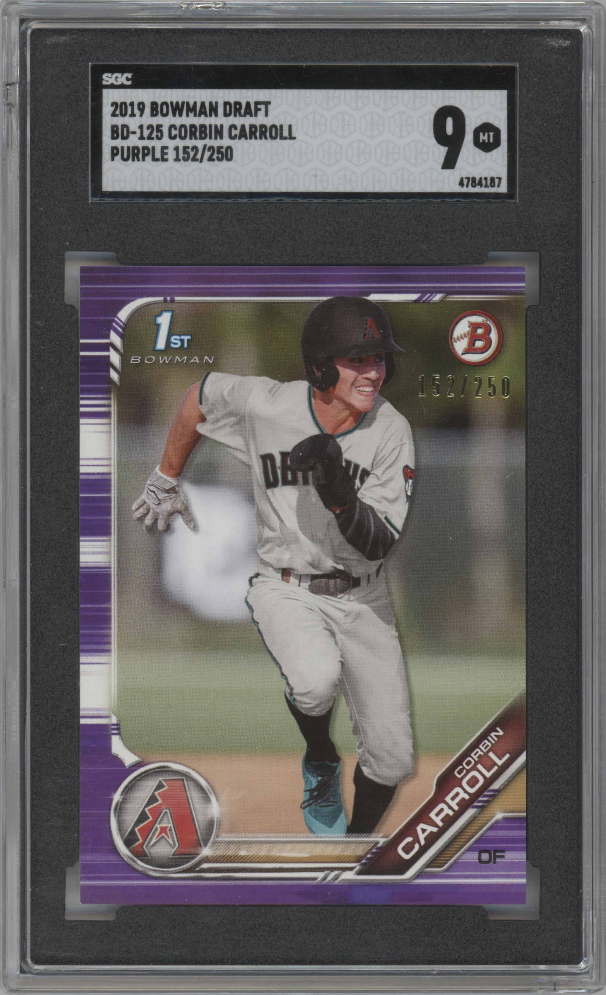 Corbin Carroll from the 2019 Bowman Draft set featuring a Purple parallel graded by SGC and given an overall grade of 9.