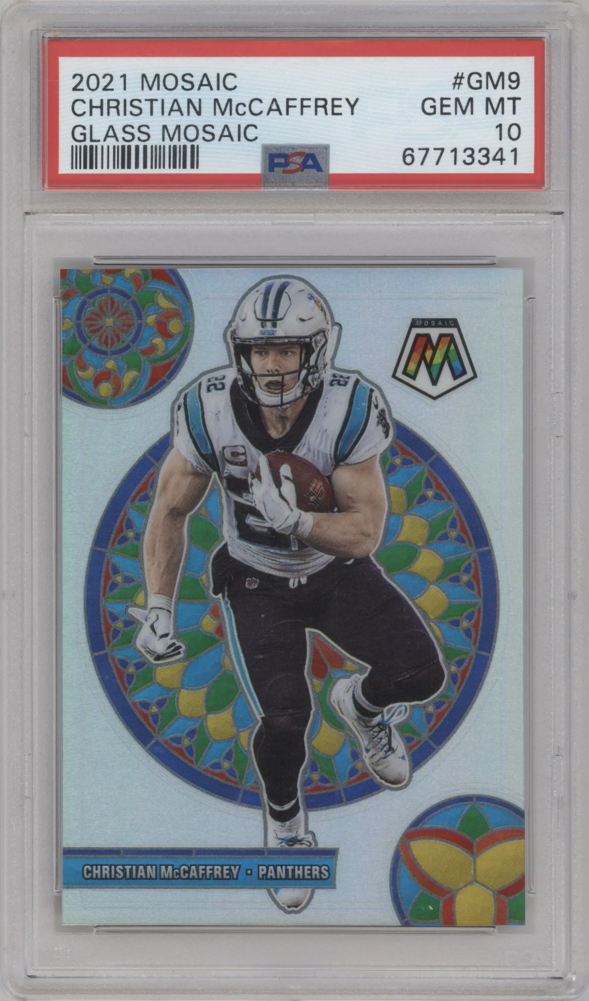 Christian McCaffrey from the 2021 Panini Mosaic set graded by PSA and given an overall grade of 10.