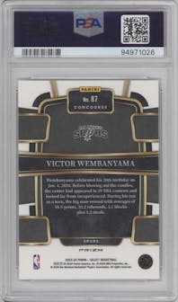 Victor Wembanyama from the 2023-24 Panini Select  set featuring a Silver Prizm parallel graded by PSA and given an overall grade of 9.