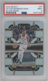 Victor Wembanyama from the 2023-24 Panini Select  set featuring a Silver Prizm parallel graded by PSA and given an overall grade of 9.