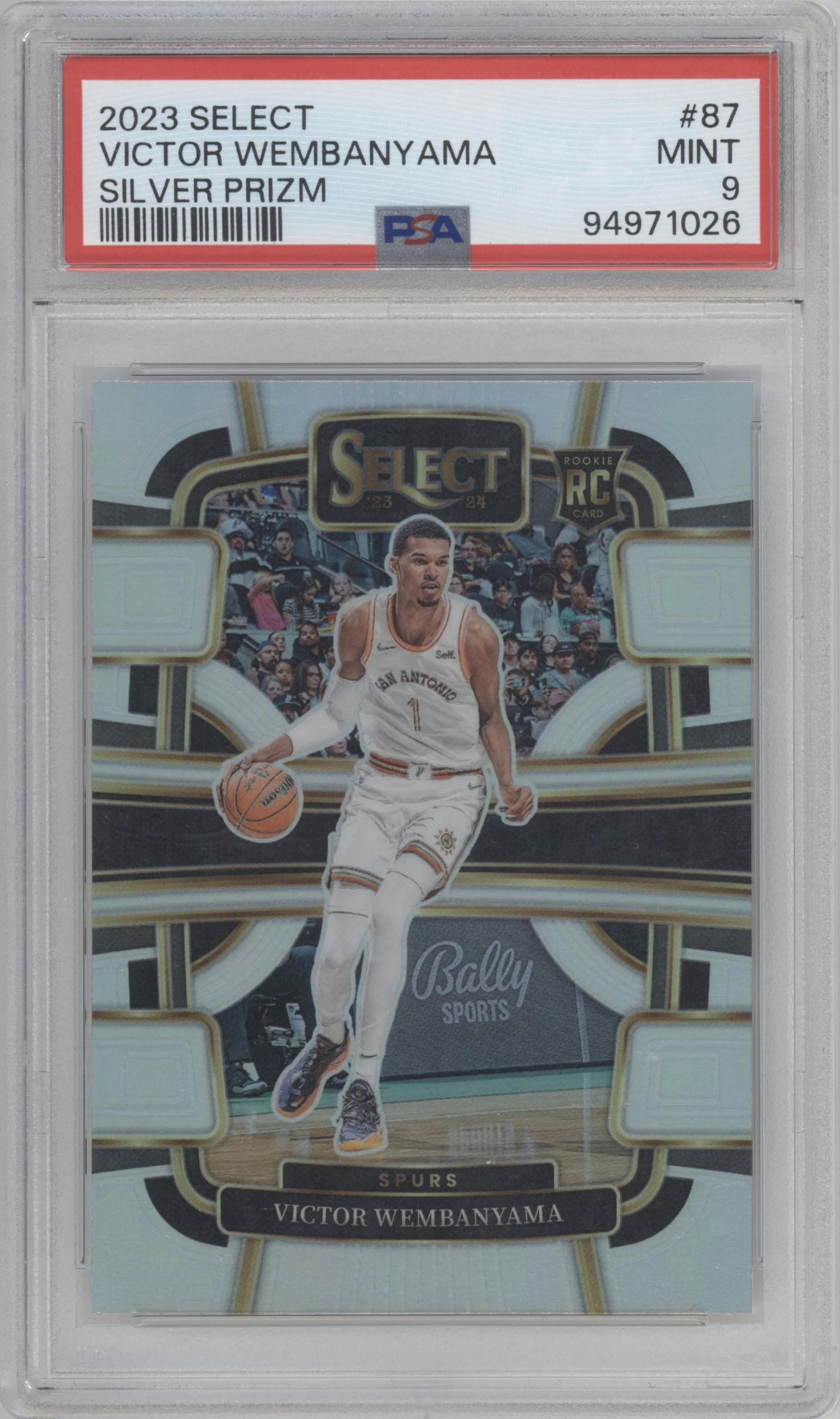 Victor Wembanyama from the 2023-24 Panini Select  set featuring a Silver Prizm parallel graded by PSA and given an overall grade of 9.
