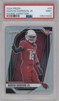 Marvin Harrison Jr. from the 2024 Panini Prizm set graded by PSA and given an overall grade of 9.