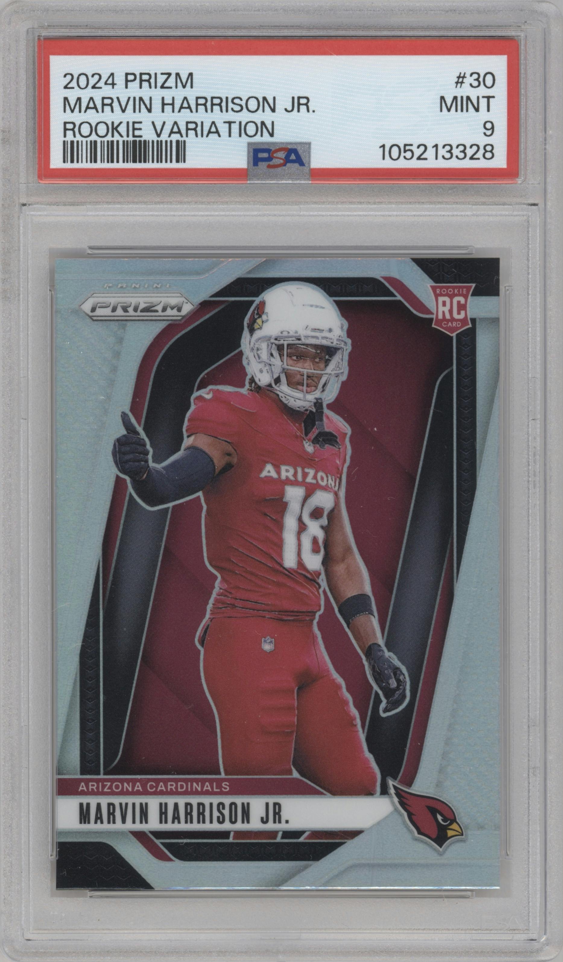 Marvin Harrison Jr. from the 2024 Panini Prizm set graded by PSA and given an overall grade of 9.