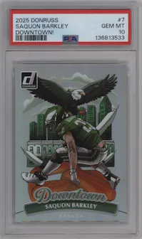 Saquon Barkley from the 2025 Panini Donruss set graded by PSA and given an overall grade of 10.