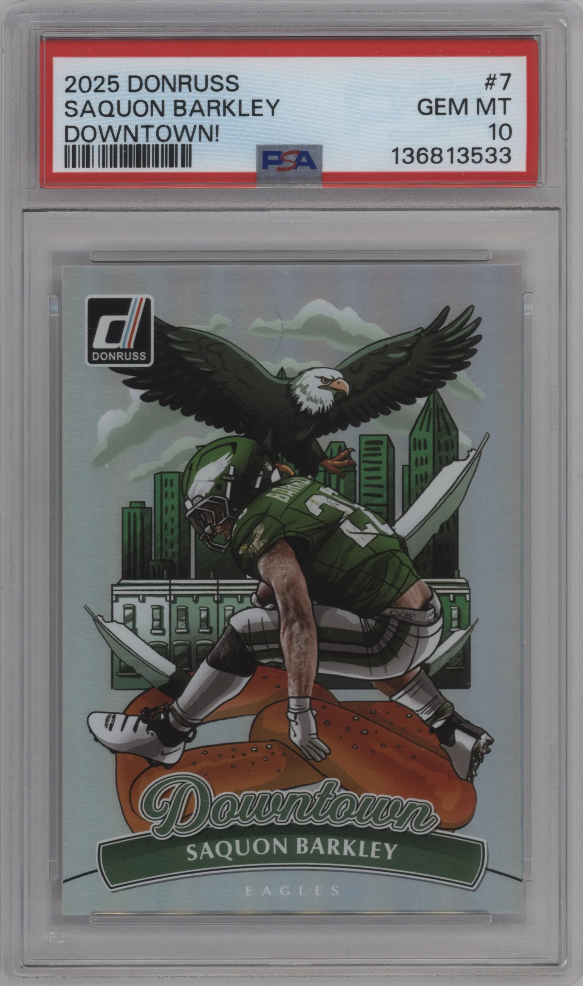 Saquon Barkley from the 2025 Panini Donruss set graded by PSA and given an overall grade of 10.