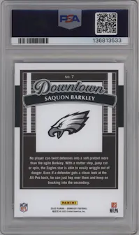 Saquon Barkley from the 2025 Panini Donruss set graded by PSA and given an overall grade of 10.