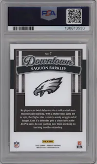 Saquon Barkley from the 2025 Panini Donruss set graded by PSA and given an overall grade of 10.