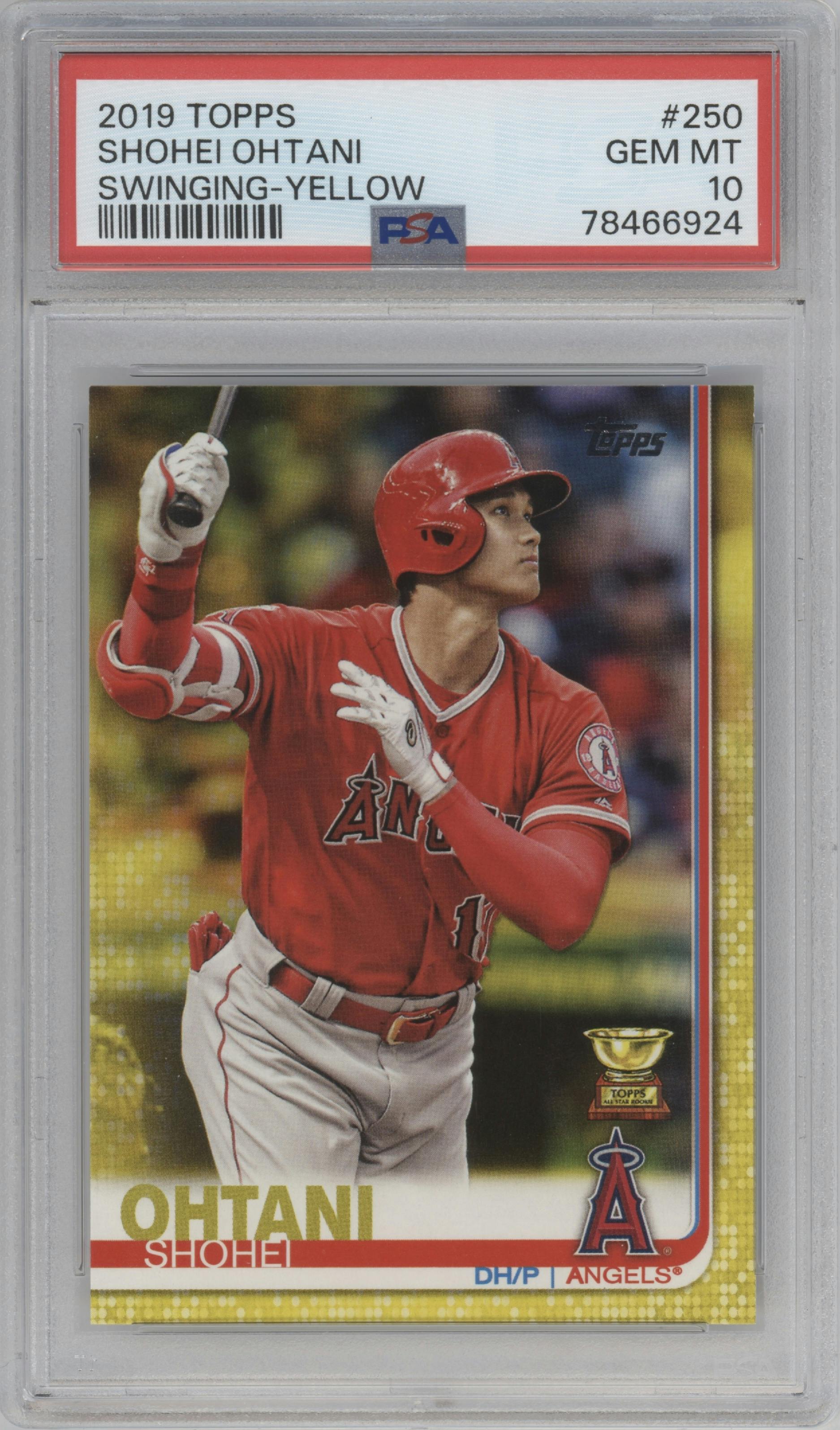 Shohei Ohtani from the 2019 Topps Series 1 set featuring a Yellow parallel graded by PSA and given an overall grade of 10.