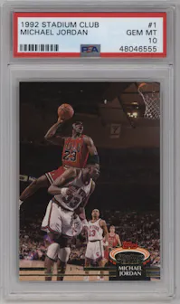 Michael Jordan from the 1992-93 Topps Stadium Club set graded by PSA and given an overall grade of 10.