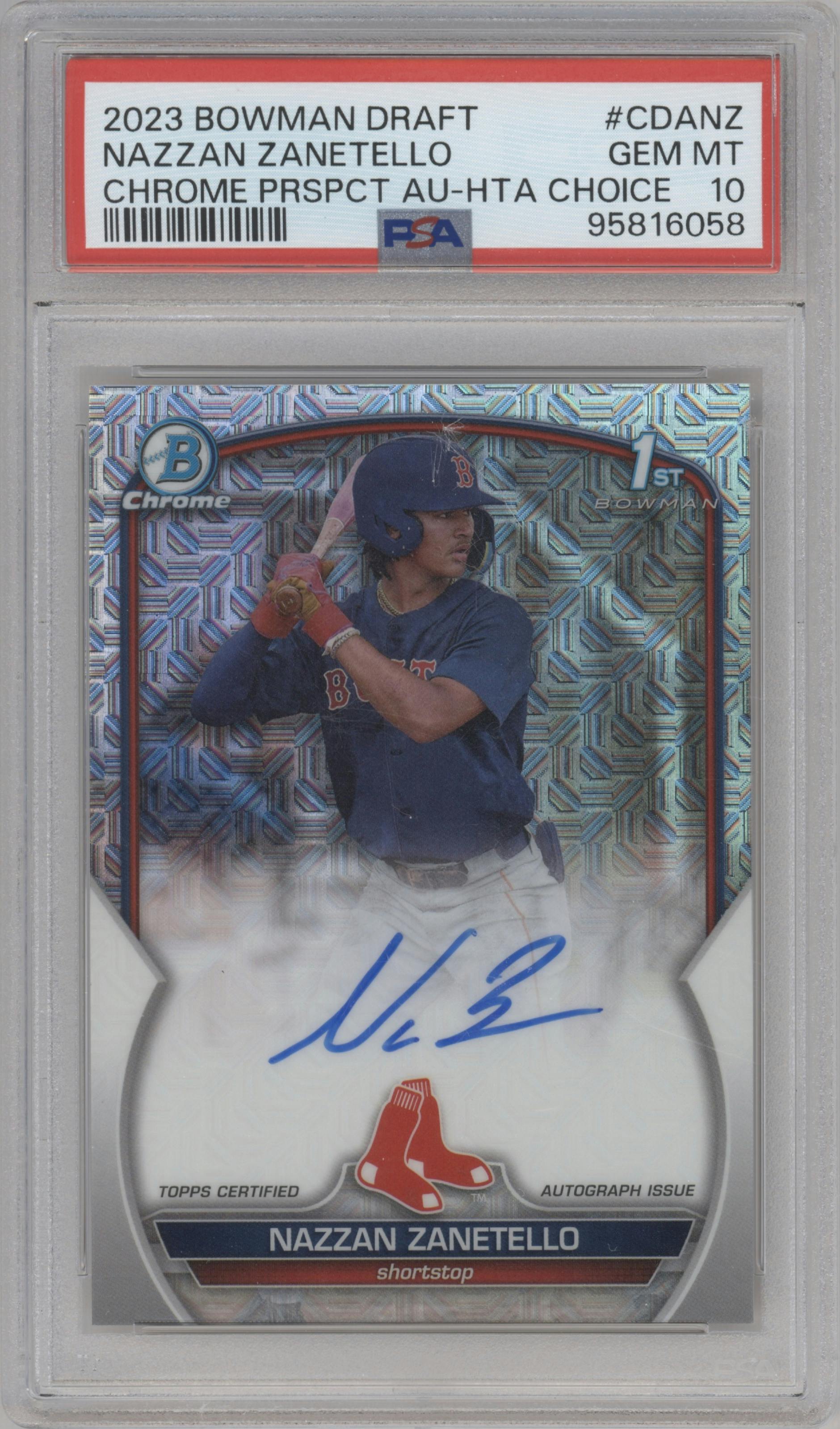 Nazzan Zanetello from the 2023 Bowman Draft set featuring a HTA Choice Refractor parallel graded by PSA and given an overall grade of 10.