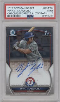 Wyatt Langford from the 2023 Bowman Draft set graded by PSA and given an overall grade of 9.
