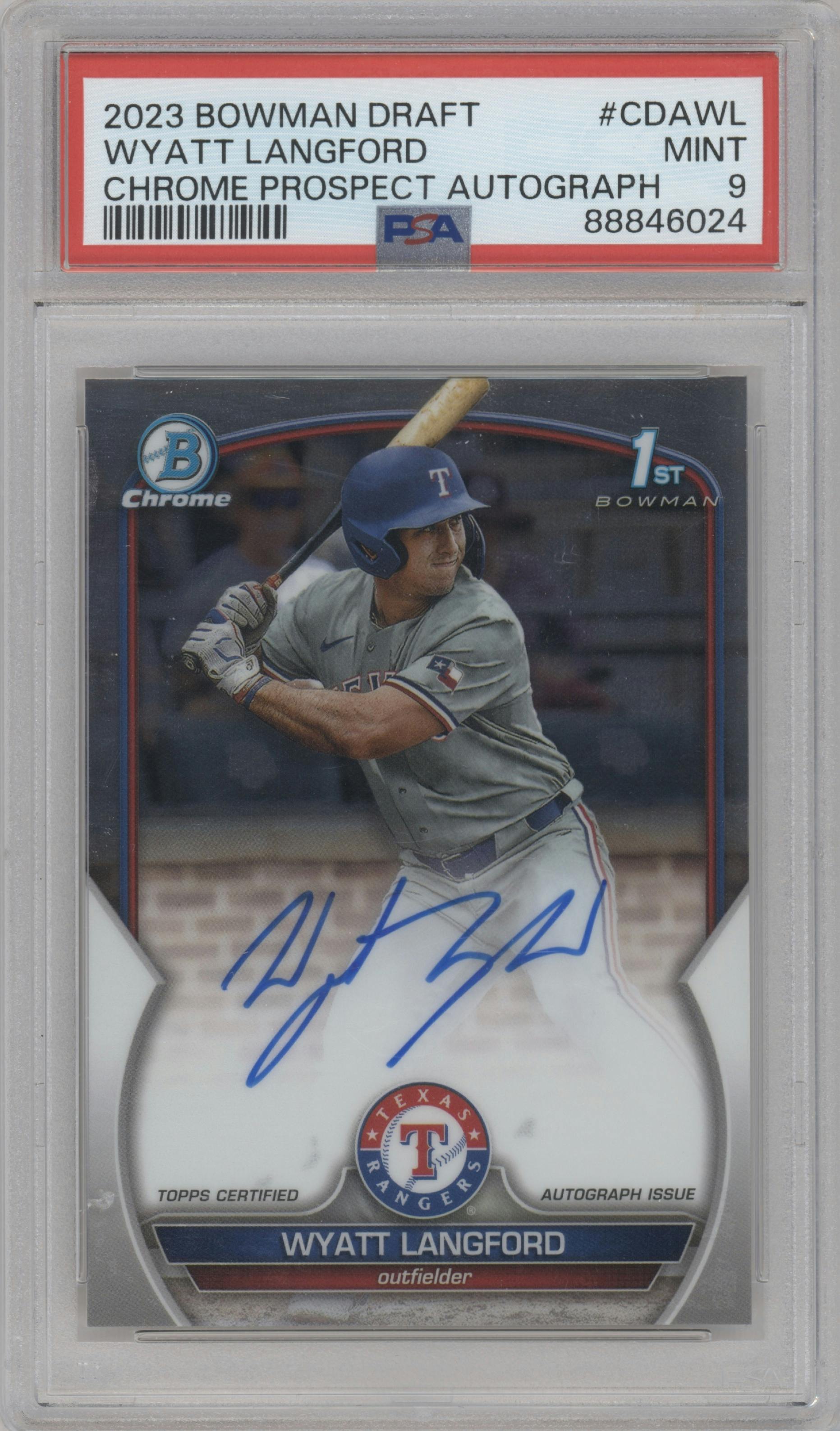 Wyatt Langford from the 2023 Bowman Draft set graded by PSA and given an overall grade of 9.