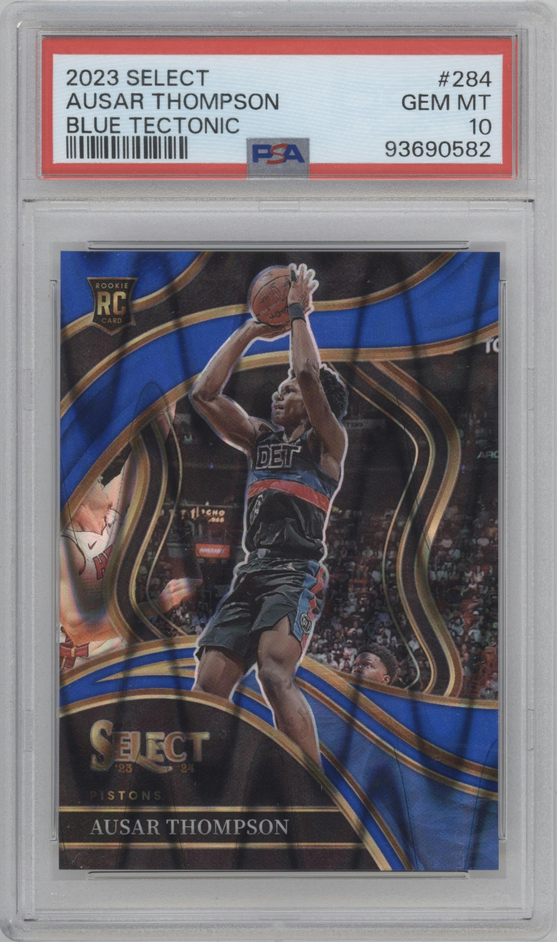 Ausar Thompson from the 2023-24 Panini Select  set featuring a Blue Tectonic parallel graded by PSA and given an overall grade of 10.