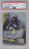 Blake Corum from the 2023 Bowman Chrome University set featuring a Refractor parallel graded by PSA and given an overall grade of 10.