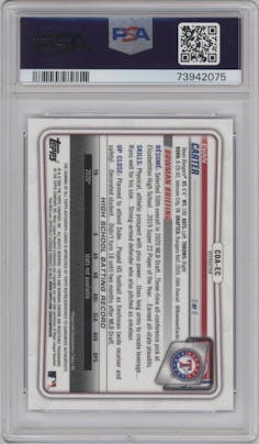 Evan Carter from the 2020 Bowman Draft set featuring a Refractor parallel graded by PSA and given an overall grade of 10.