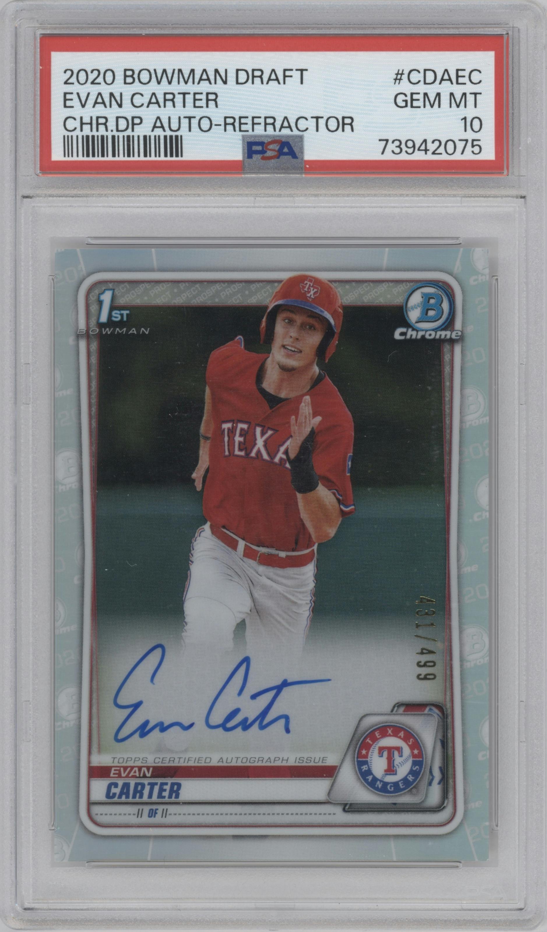 Evan Carter from the 2020 Bowman Draft set featuring a Refractor parallel graded by PSA and given an overall grade of 10.