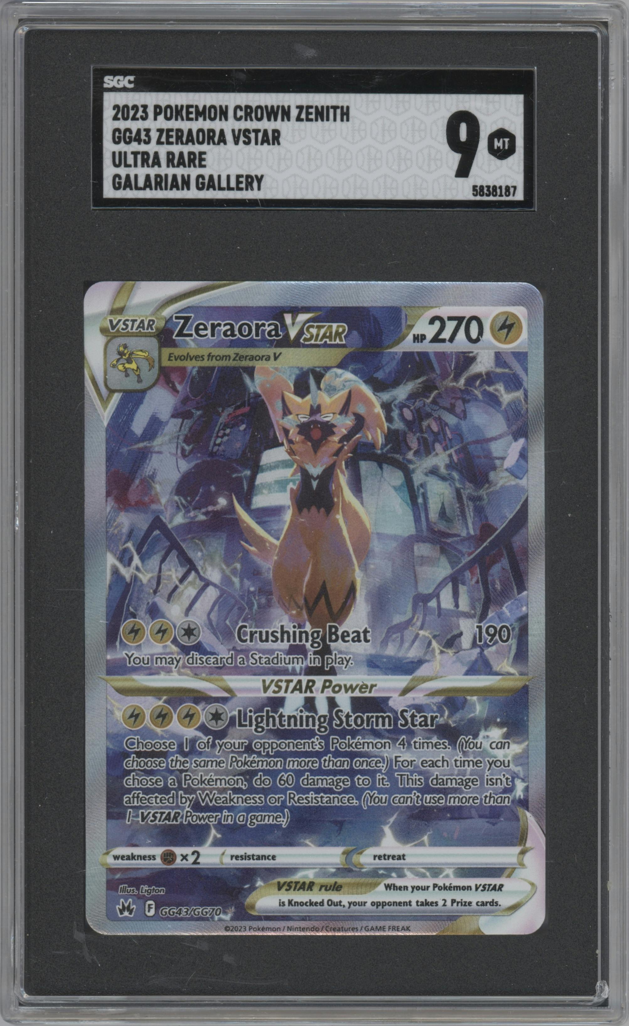 Zeraora VSTAR from the 2023 Pokemon SWSH set graded by SGC and given an overall grade of 9.