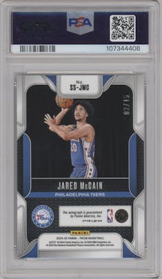 Jared McCain from the 2024-25 Panini Prizm set featuring a Snakeskin  parallel graded by PSA and given an overall grade of 10.