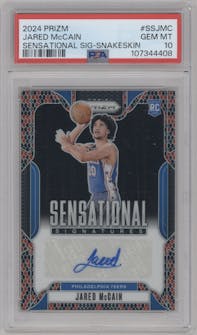Jared McCain from the 2024-25 Panini Prizm set featuring a Snakeskin  parallel graded by PSA and given an overall grade of 10.