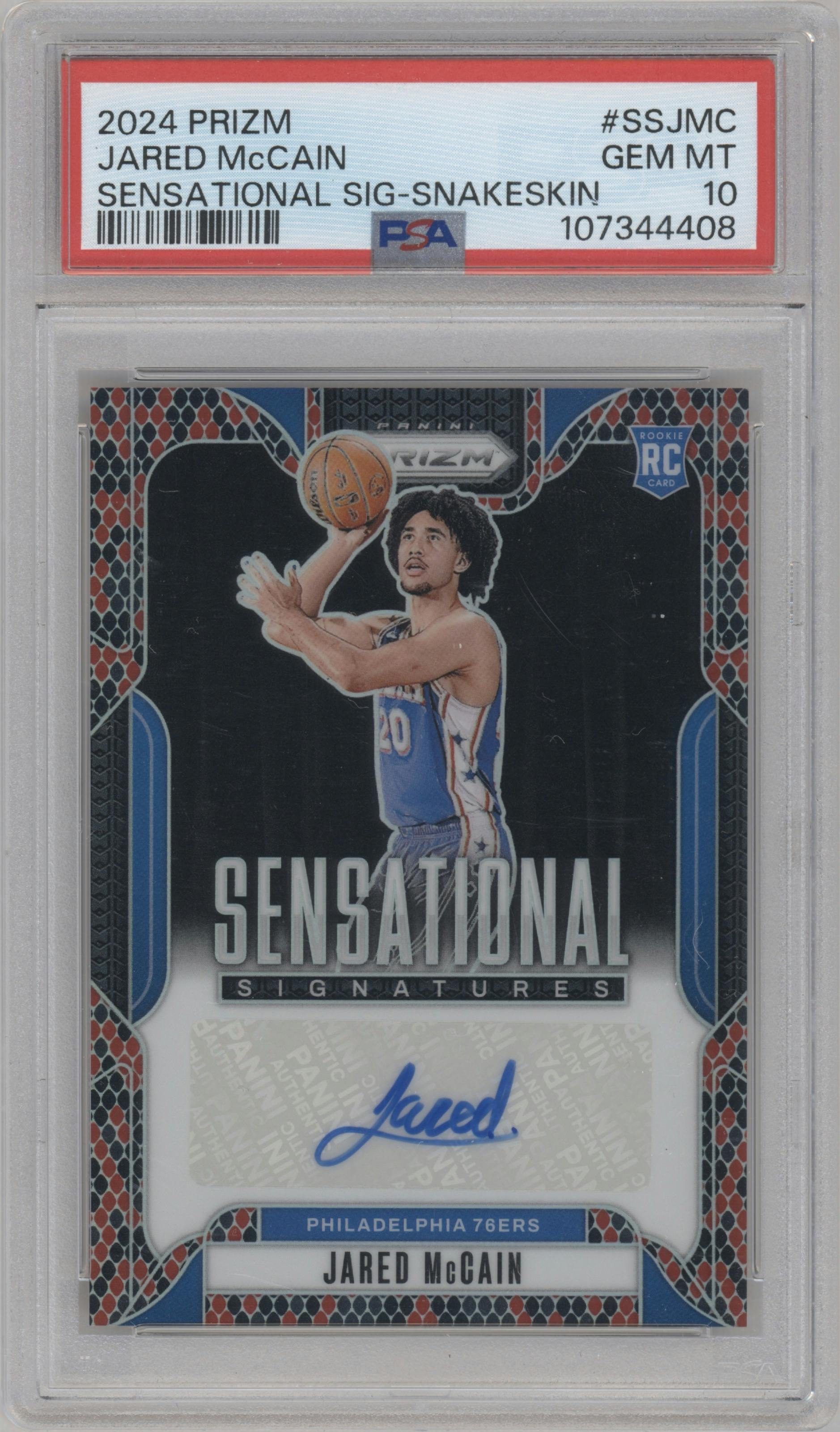 Jared McCain from the 2024-25 Panini Prizm set featuring a Snakeskin  parallel graded by PSA and given an overall grade of 10.