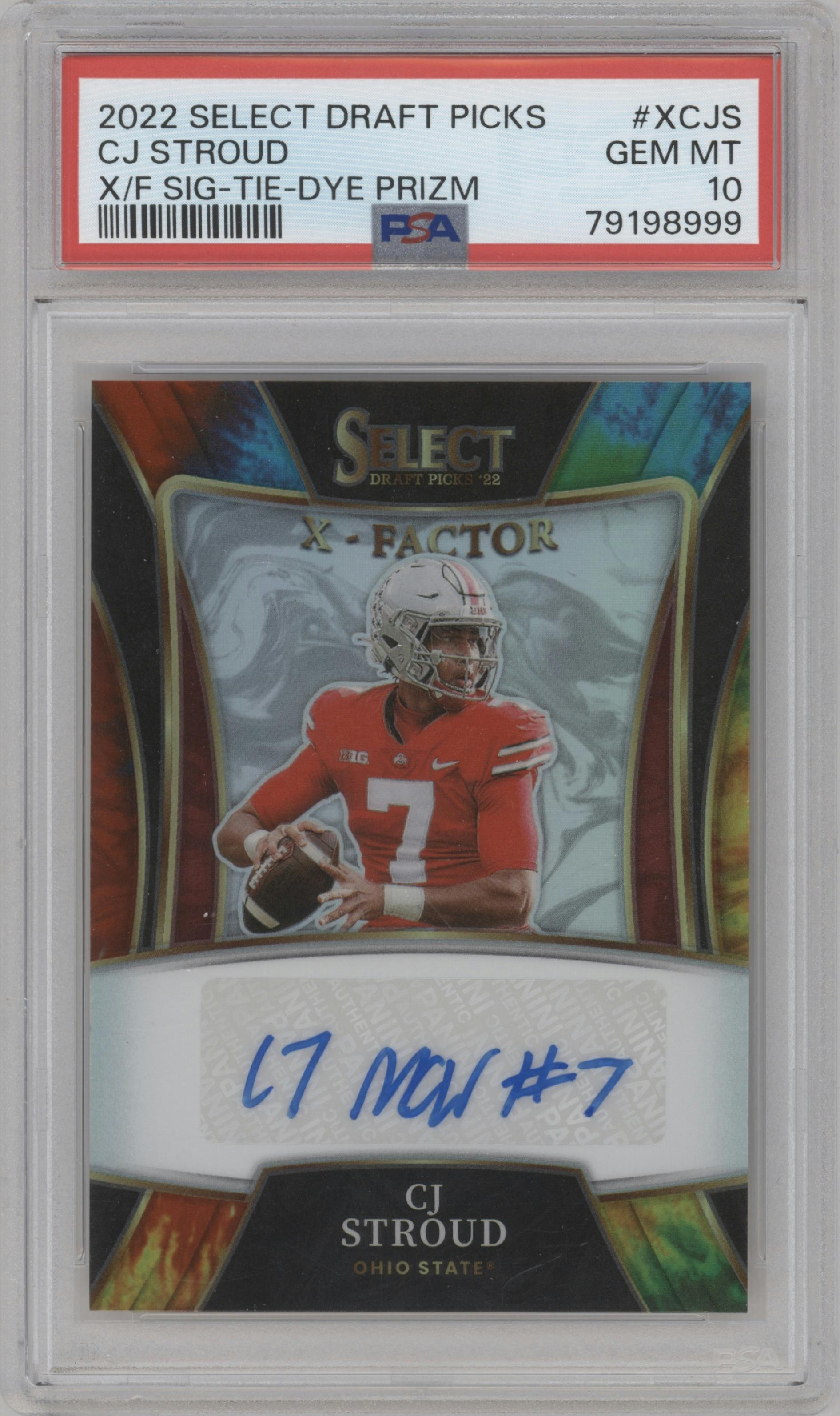 CJ Stroud  from the 2022 Panini Select Draft Picks set featuring a Tie-Die parallel graded by PSA and given an overall grade of 10.