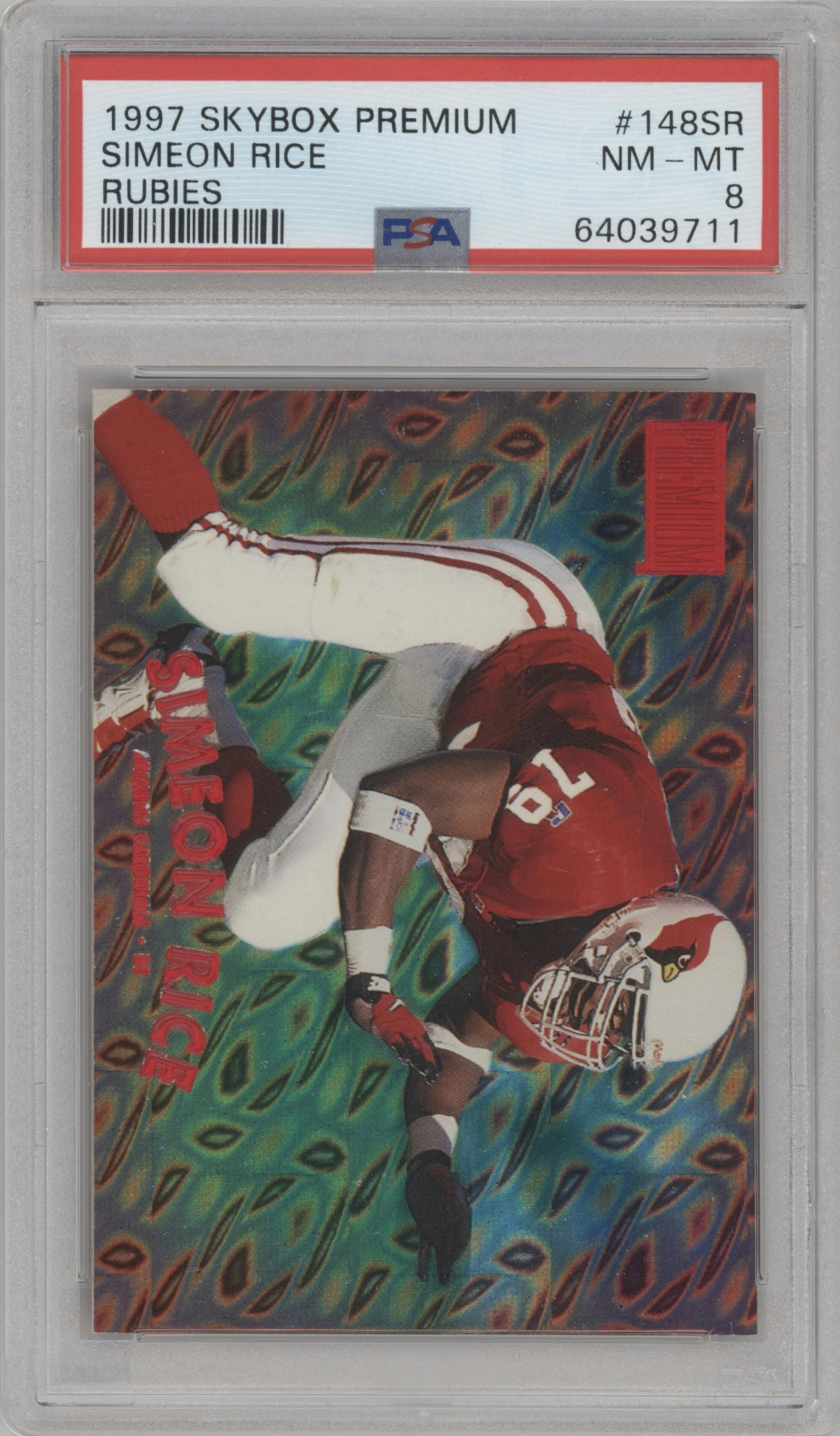 Simeon Rice from the 1997 SkyBox Premium set featuring a Rubies parallel graded by PSA and given an overall grade of 8.