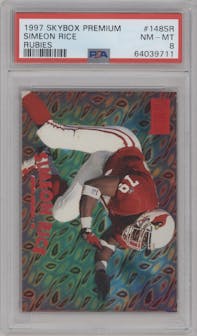 Simeon Rice from the 1997 SkyBox Premium set featuring a Rubies parallel graded by PSA and given an overall grade of 8.