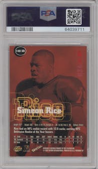 Simeon Rice from the 1997 SkyBox Premium set featuring a Rubies parallel graded by PSA and given an overall grade of 8.