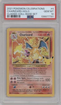 Charizard from the 2021 Pokemon SWSH set featuring a Base Set parallel graded by PSA and given an overall grade of 10.