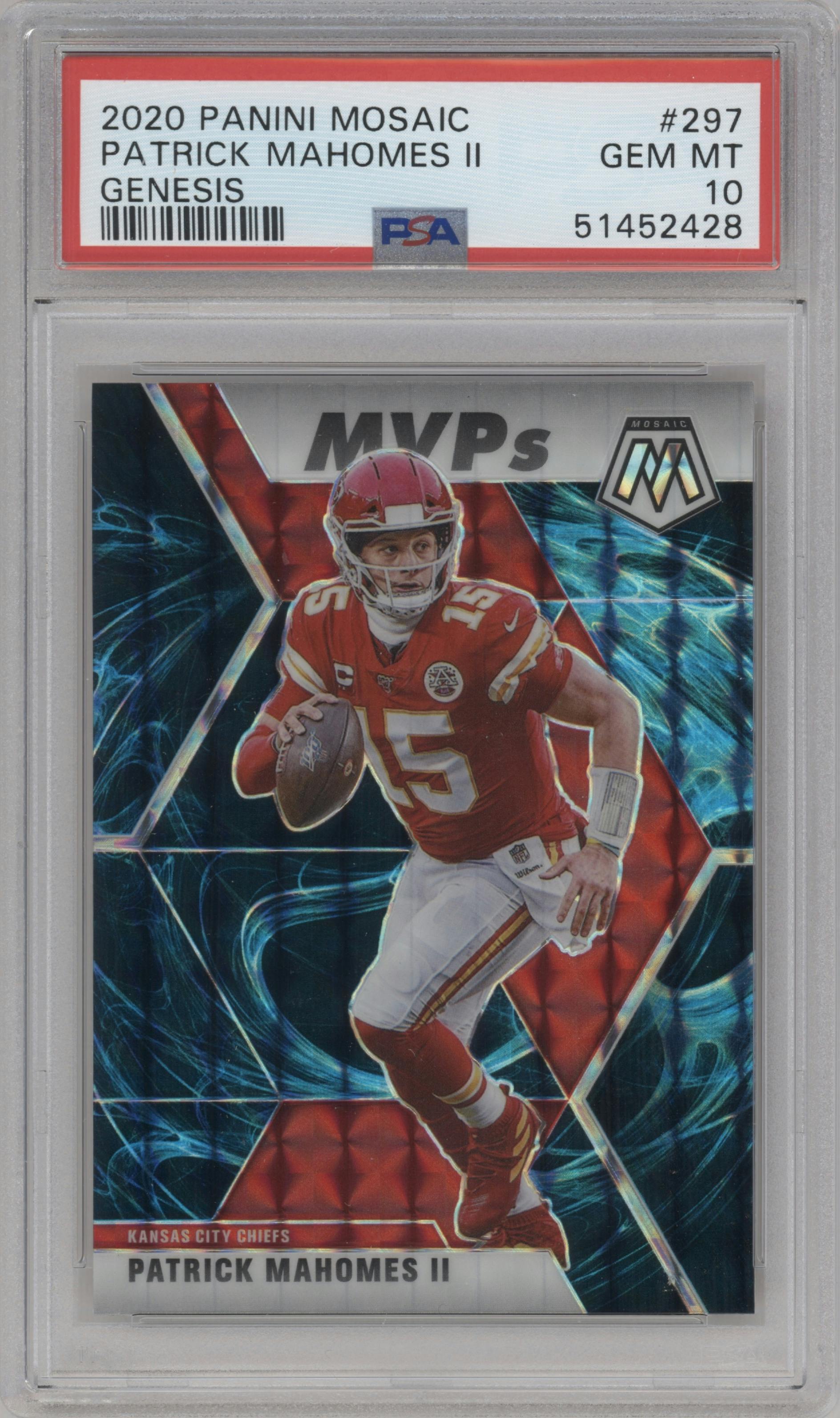 Patrick Mahomes II from the 2020 Panini Mosaic set featuring a Genesis parallel graded by PSA and given an overall grade of 10.