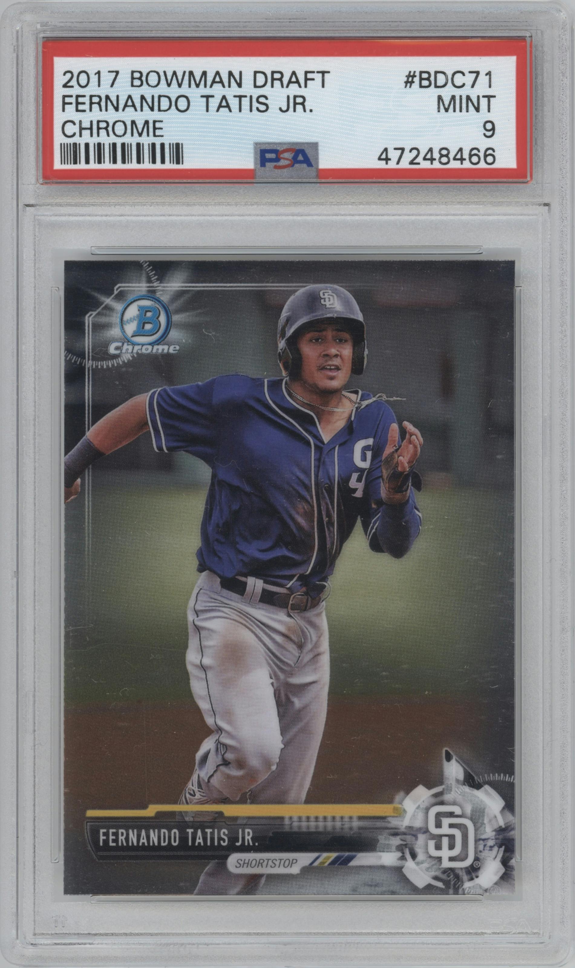 Fernando Tatis Jr. from the 2017 Bowman Draft set graded by PSA and given an overall grade of 9.
