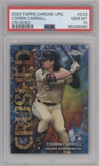 Corbin Carroll from the 2023 Topps Chrome Update set graded by PSA and given an overall grade of 10.