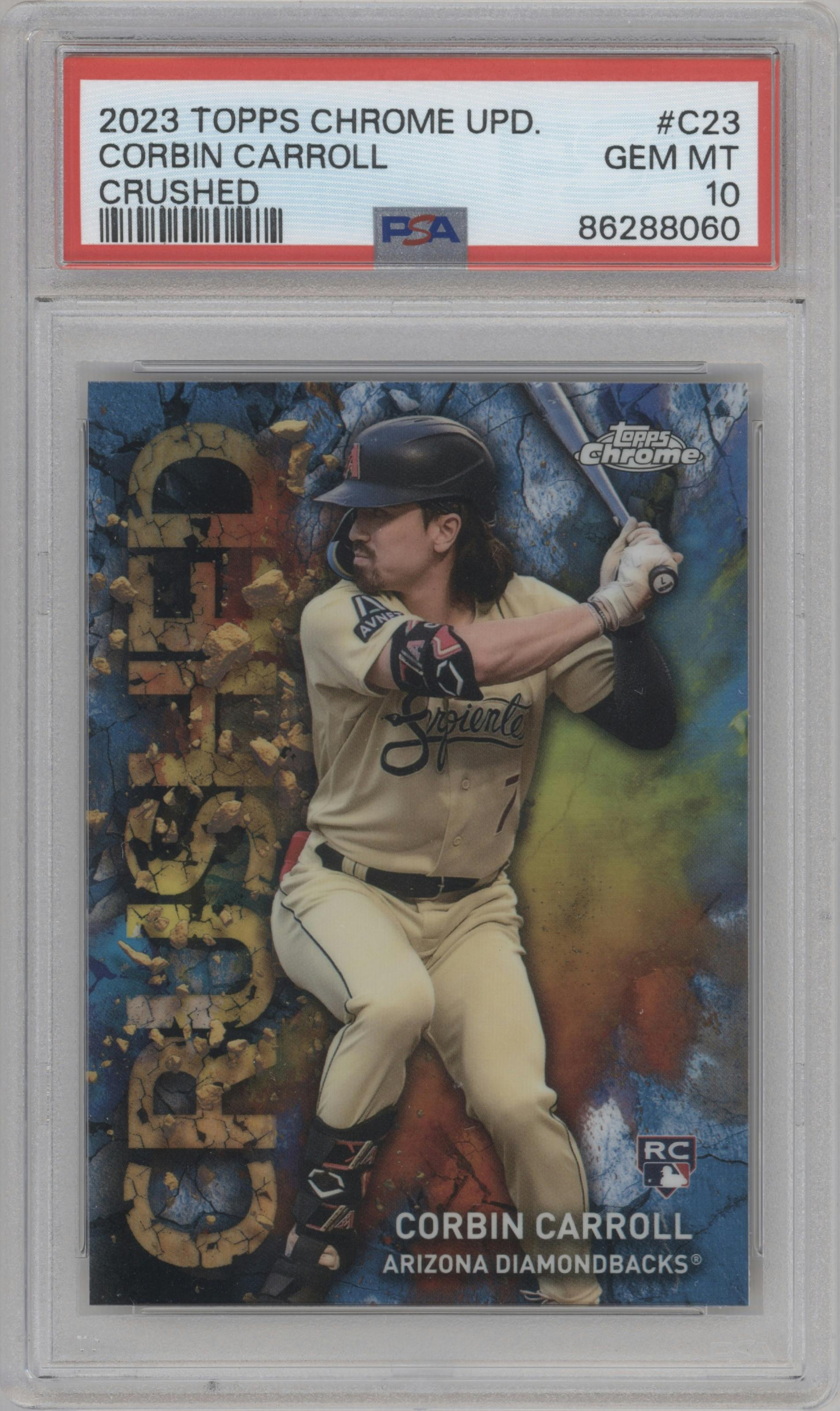 Corbin Carroll from the 2023 Topps Chrome Update set graded by PSA and given an overall grade of 10.