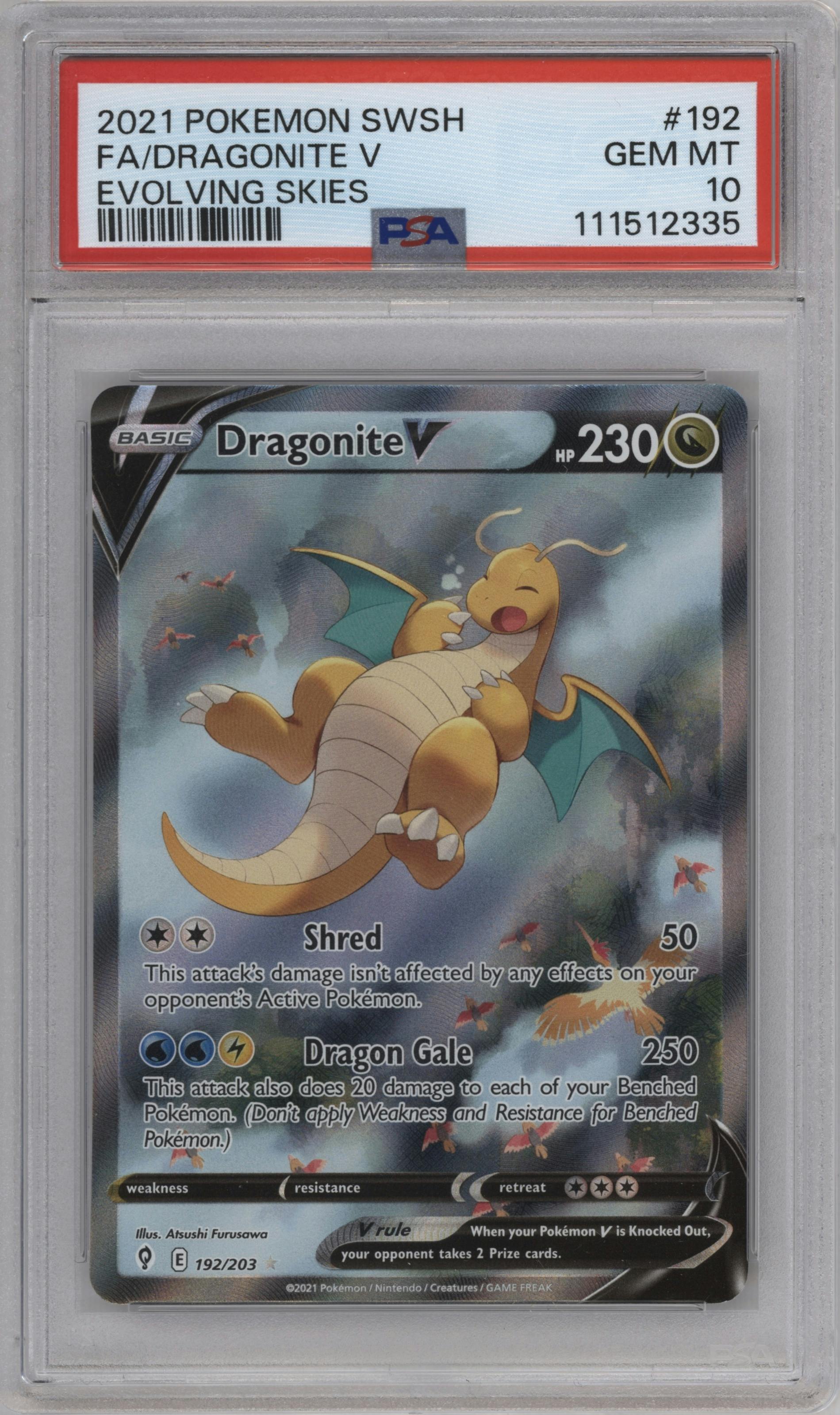 Dragonite V from the 2021 Pokemon SWSH set graded by PSA and given an overall grade of 10.