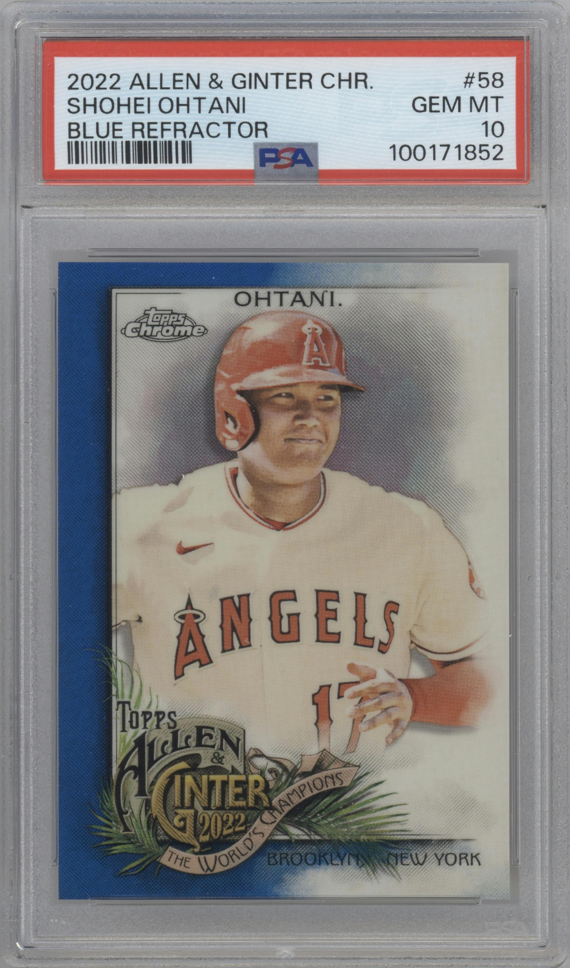 Shohei Ohtani from the 2022 Topps Allen & Ginter Chrome set featuring a Blue Refractor parallel graded by PSA and given an overall grade of 10.