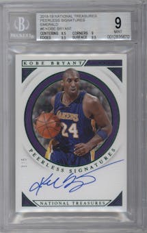 Kobe Bryant from the 2018-19 Panini National Treasures set featuring a Emerald parallel graded by Beckett and given an overall grade of 9.