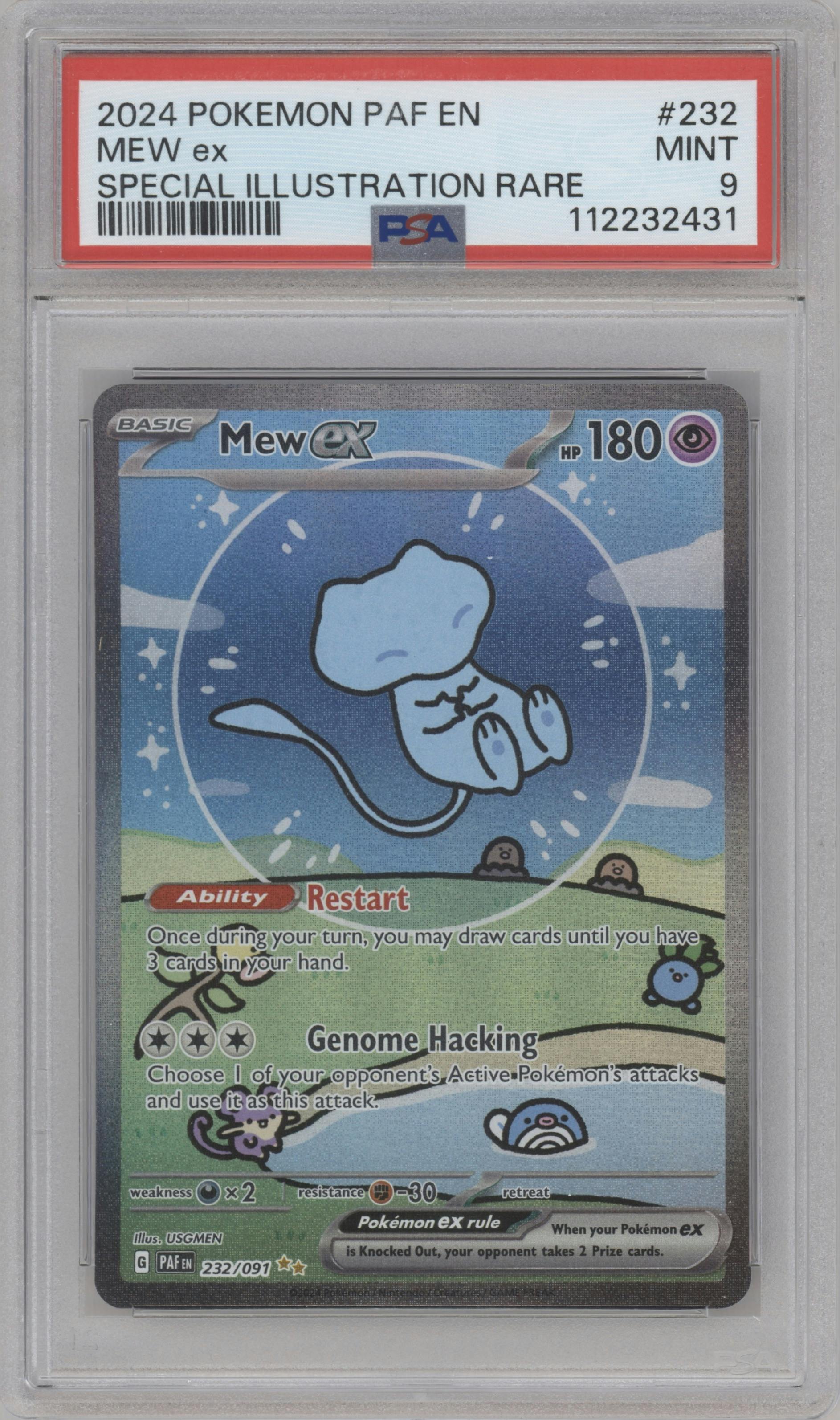 Mew ex from the 2024 Pokemon SV set graded by PSA and given an overall grade of 9.