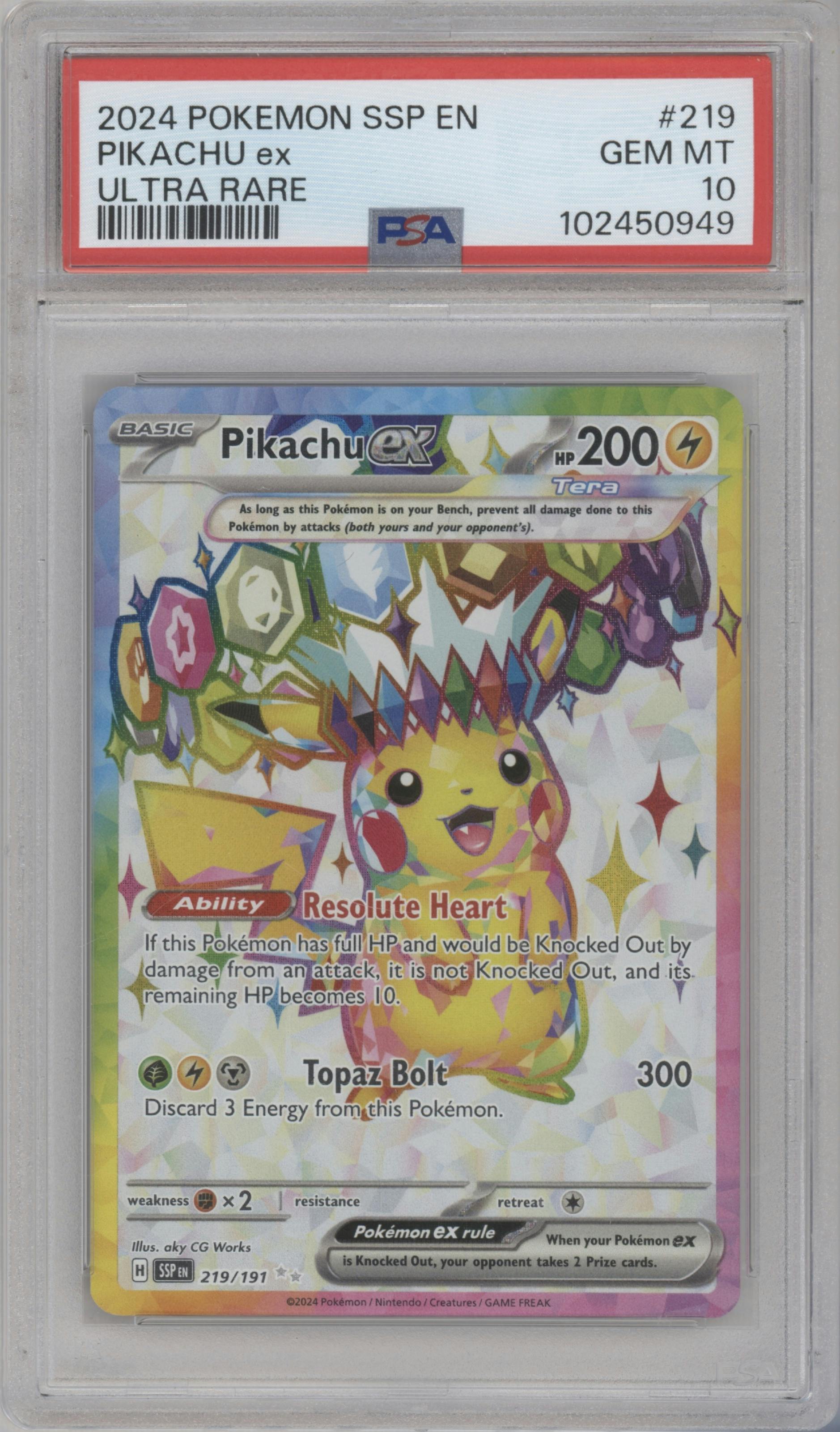 Pikachu ex from the 2024 Pokemon SV set graded by PSA and given an overall grade of 10.