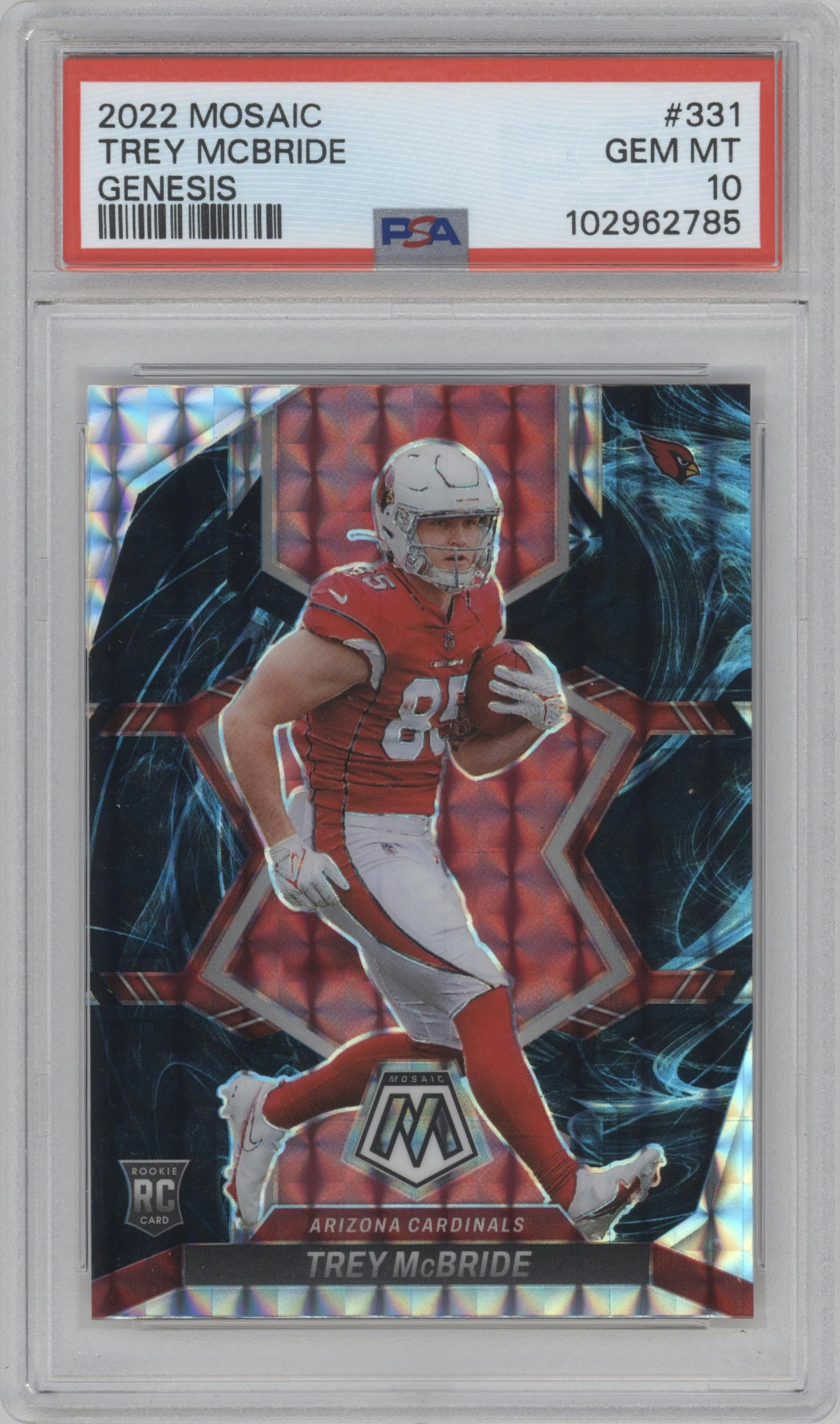 Trey McBride from the 2022 Panini Mosaic set featuring a Genesis parallel graded by PSA and given an overall grade of 10.