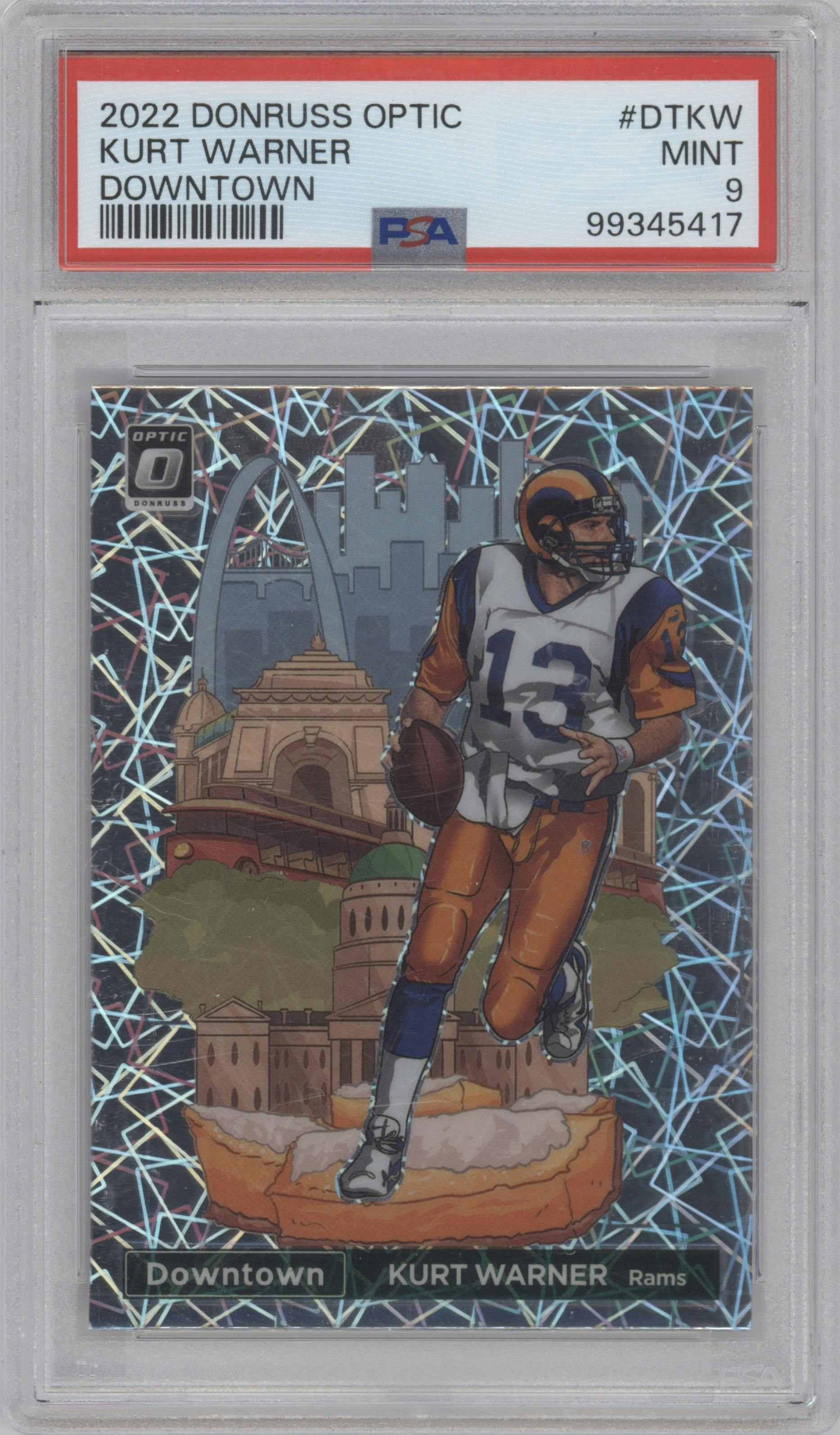 Kurt Warner from the 2022 Panini Donruss Optic set graded by PSA and given an overall grade of 9.