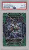 Tyler Lockett from the 2021 Panini Select set featuring a  Green Disco parallel graded by PSA and given an overall grade of 10.