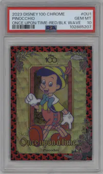 Pinocchio from the 2023 Topps Chrome Disney 100 set featuring a Red & Black Wave parallel graded by PSA and given an overall grade of 10.