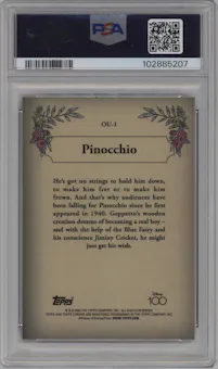 Pinocchio from the 2023 Topps Chrome Disney 100 set featuring a Red & Black Wave parallel graded by PSA and given an overall grade of 10.