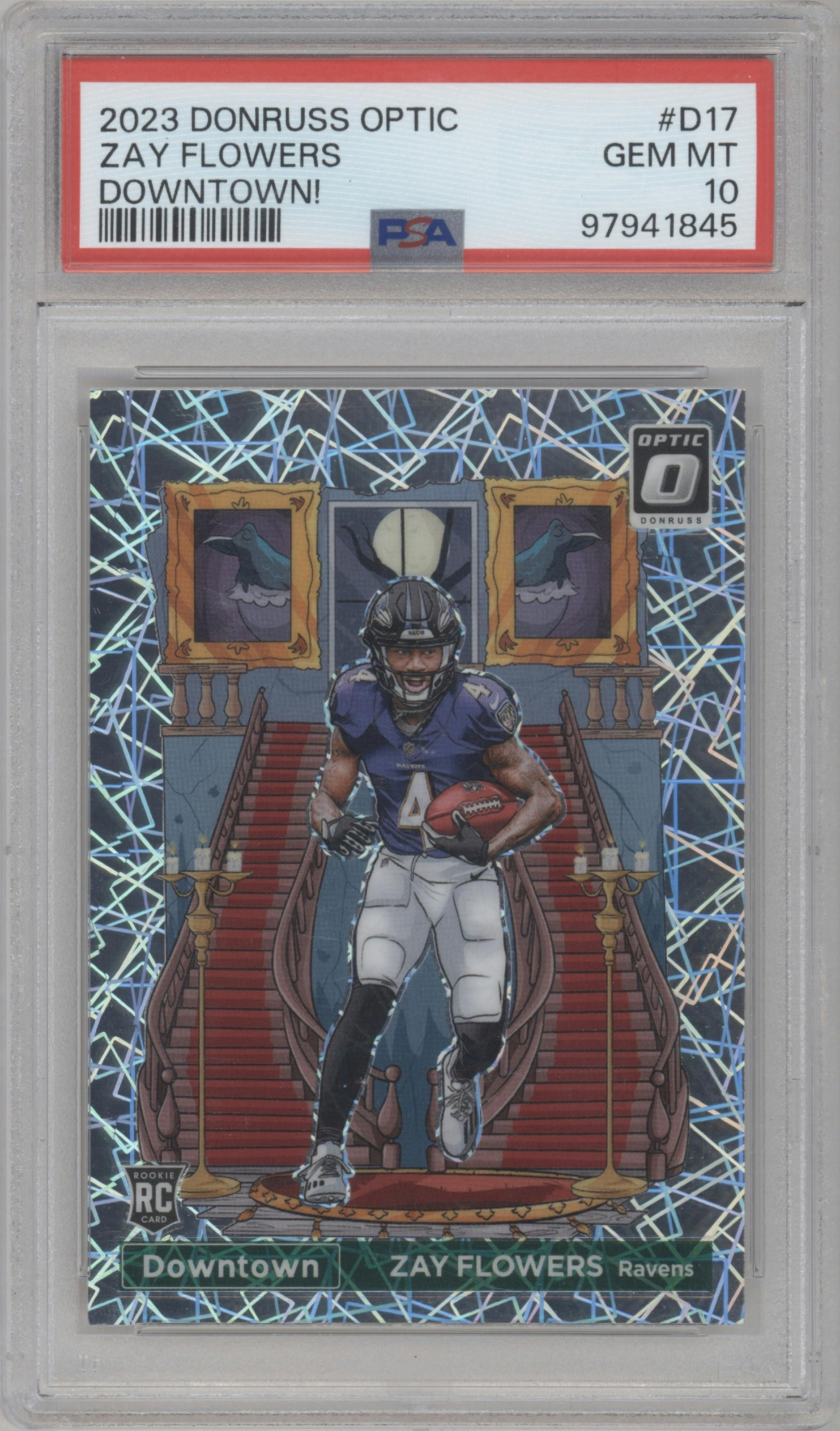 Zay Flowers from the 2023 Donruss Optic set graded by PSA and given an overall grade of 10.