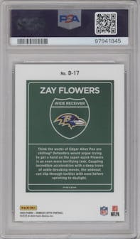 Zay Flowers from the 2023 Donruss Optic set graded by PSA and given an overall grade of 10.