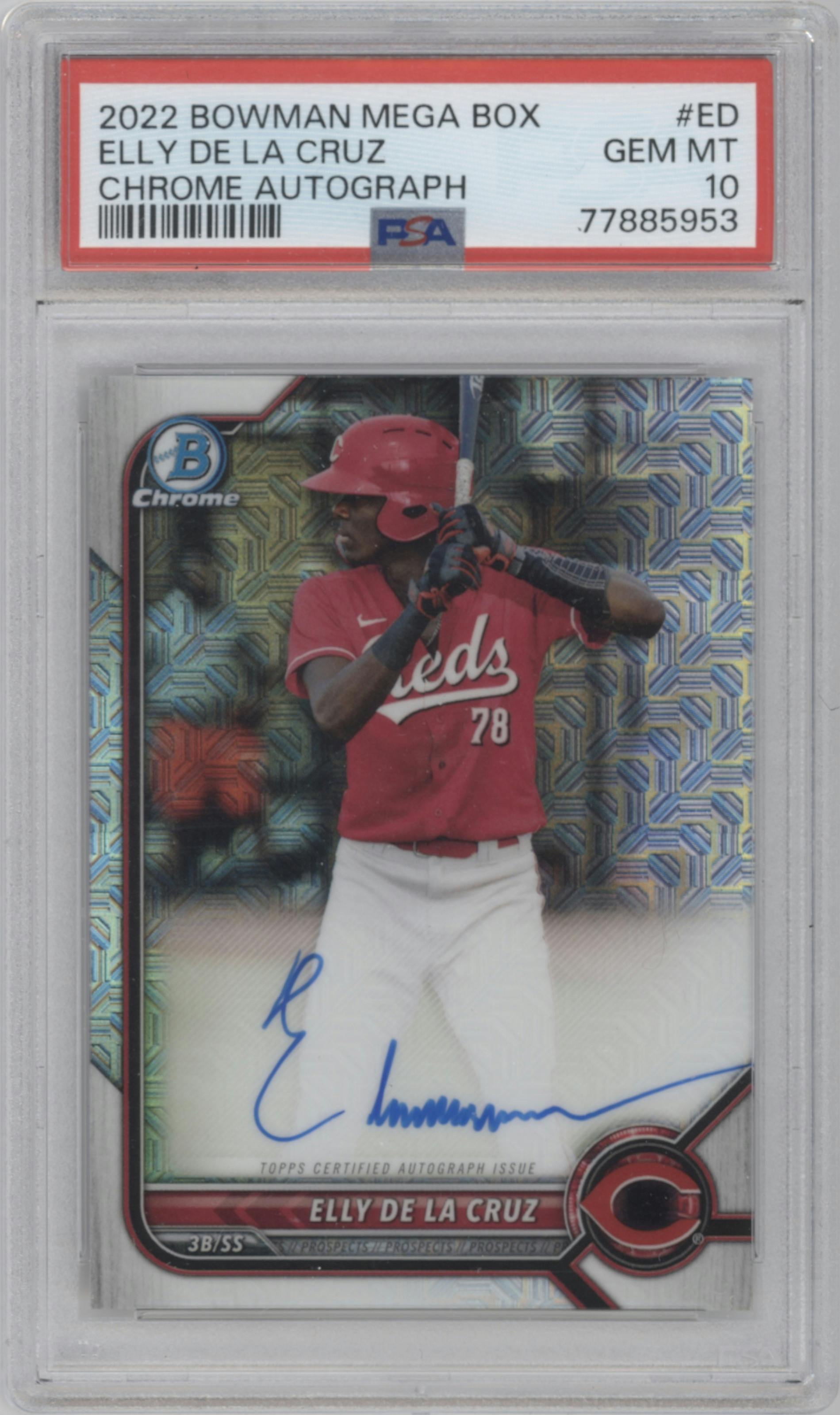 Elly De LA Cruz from the 2022 Bowman Mega Box set graded by PSA and given an overall grade of 10.