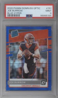 Joe Burrow from the 2020 Panini Donruss Optic set featuring a Hyper Blue  parallel graded by PSA and given an overall grade of 9.