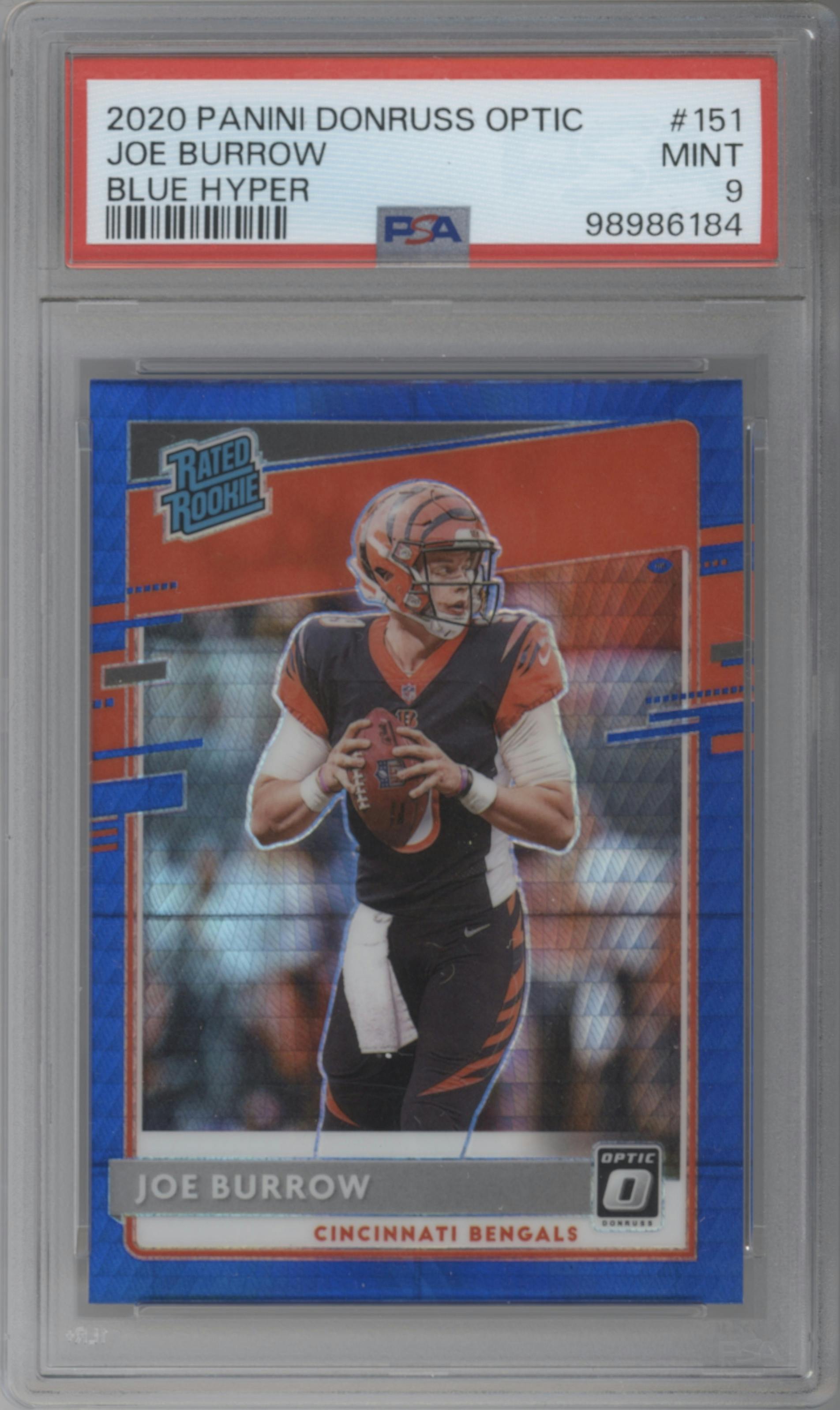 Joe Burrow from the 2020 Panini Donruss Optic set featuring a Hyper Blue  parallel graded by PSA and given an overall grade of 9.