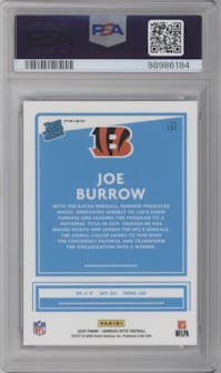 Joe Burrow from the 2020 Panini Donruss Optic set featuring a Hyper Blue  parallel graded by PSA and given an overall grade of 9.